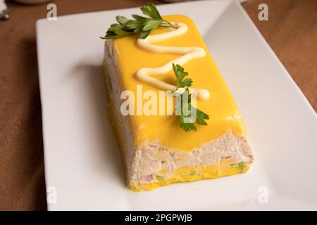 Causa-Hühnchen Fleisch peruanische Küche traditionelle, komfortable Speisen Stockfoto