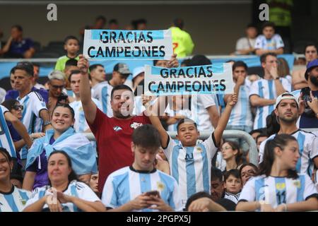 Buenos Aires, Argentinien. 23. März 2023. Argentinische Fans wurden während des Spiels zwischen Argentinien und Panama im Rahmen des International Friendly Match im Mas Monumental Stadium gesehen. Endstand: Argentinien 2 - 0 Panama. Kredit: SOPA Images Limited/Alamy Live News Stockfoto