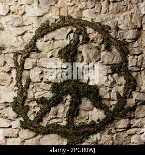 Ivy-Pflanze als Friedenszeichen auf einer rustikalen Steinmauer, 3D-Rendering Stockfoto