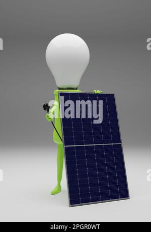 Eine Glühbirne mit einem Solargenerator auf grauem Hintergrund, alternatives Energiekonzept, 3D-Rendering Stockfoto