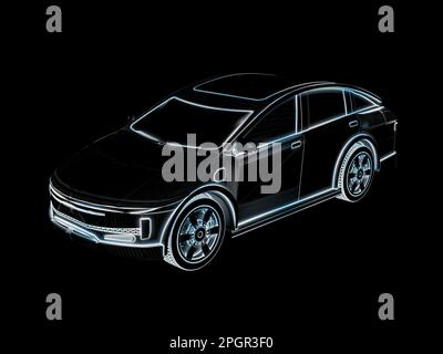 3d rendering outline ev car or x-ray electric vehicle on black background Stockfoto