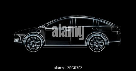 3d rendering outline ev car or x-ray electric vehicle on black background Stockfoto