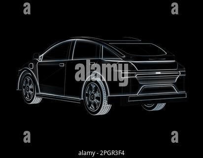 3d rendering outline ev car or x-ray electric vehicle on black background Stockfoto