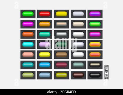 Glänzende Webelemente. Farbige ovale Knöpfe für dein Design. Buntes Kunststoff-Polymer-Granulat. 3D Menüsymbole auf Glas. Vektordarstellung. Stock Vektor