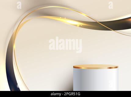 3D realistischer, luxuriöser Podiumständer in Weiß und Gold mit abstrakten goldenen Wellenlinien und Lichteffekten auf cremefarbenem Hintergrund. Produktdisplay für BEA Stock Vektor