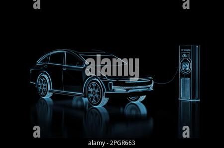 3d rendering scan ev car or electric vehicle plug in with recharging station Stockfoto