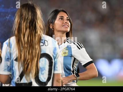 23. März 2023: Belgrano, Buenos Aires, Argentinien: International Football Friendly, Argentinien gegen Panama: Antonella Roccuzzo, Ehefrau von Lionel Messi aus Argentinien Stockfoto