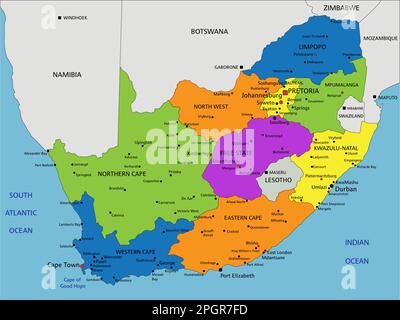 Farbenfrohe politische Karte Südafrikas mit klar gekennzeichneten, getrennten Schichten. Vektordarstellung. Stock Vektor