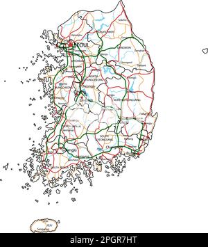 Straßenkarte Südkoreas und Straßenkarte. Vektordarstellung. Stock Vektor