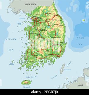 Sehr detaillierte physische Karte Südkoreas mit Kennzeichnung. Stock Vektor