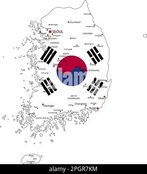 Südkorea sehr detaillierte politische Karte mit isolierter Nationalflagge auf weißem Hintergrund. Stock Vektor