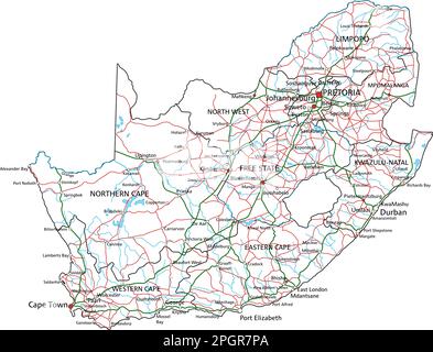 Detaillierte Südafrikanische Straßenkarte mit Kennzeichnung. Stock Vektor