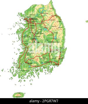 Sehr detaillierte physische Karte Südkoreas mit Kennzeichnung. Stock Vektor