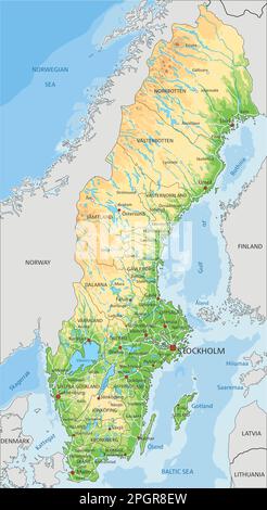 Hochdetaillierte physische Karte Schwedens mit Beschriftung. Stock Vektor