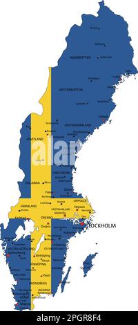 Schweden sehr detaillierte politische Karte mit isolierter Nationalflagge auf weißem Hintergrund. Stock Vektor