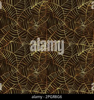 Nahtloses Spinnennetzmuster für Halloween, handgezeichnet mit Gold Stockfoto