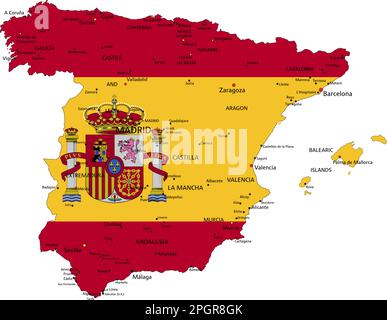 Spanien sehr detaillierte politische Karte mit isolierter Nationalflagge auf weißem Hintergrund. Stock Vektor