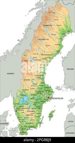 Hochdetaillierte physische Karte Schwedens mit Beschriftung. Stock Vektor