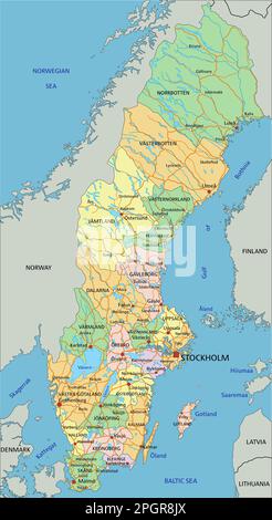 Schweden - sehr detaillierte, bearbeitbare politische Karte mit Kennzeichnung. Stock Vektor