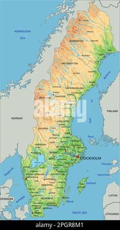 Hochdetaillierte physische Karte Schwedens mit Beschriftung. Stock Vektor