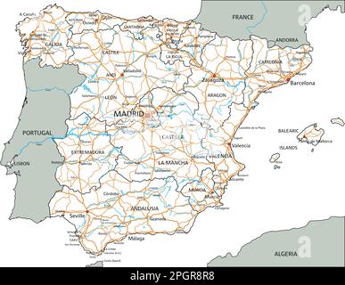 Detaillierte Straßenkarte für Spanien mit Kennzeichnung. Stock Vektor