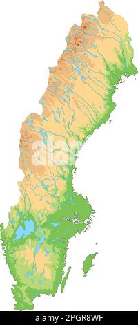 Detaillierte physische Karte von Schweden. Stock Vektor