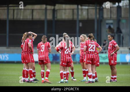 Dartford, Großbritannien. 19. März 2023. Dartford, England, März 19. 2023: Die Spieler von Bristol City reagieren, nachdem sie beim FA Women's Championship-Spiel zwischen London City Lionesses und Bristol City im Princes Park in Dartford, England, ein Tor zugestanden haben. (Alexander Canillas/SPP) Guthaben: SPP Sport Press Photo. Alamy Live News Stockfoto