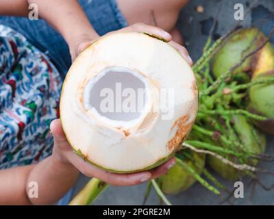 Gärtnerin mit frischen Kokosnüssen, geschält, bereit, vom Biobauernhof zu essen. Stockfoto