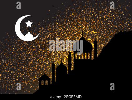 Gold Glitzer Hintergrund mit Moschee Silhouetten und Mond Stock Vektor
