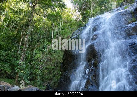 Nahaufnahme des Nakalitkalit Wasserfalls in El Nido, Palawan auf den Philippinen, der über schwarze Felsen fließt, umgeben von Regenwald. Stockfoto