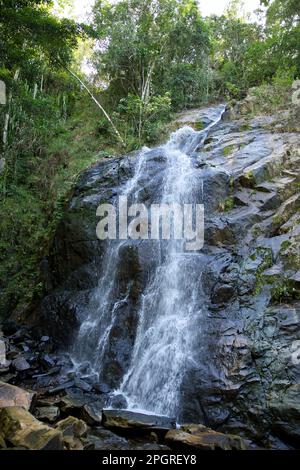 Nahaufnahme des Nakalitkalit Wasserfalls in El Nido, Palawan auf den Philippinen, der über schwarze Felsen fließt, umgeben von Regenwald. Stockfoto