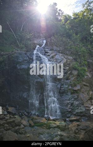 Nahaufnahme des Nakalitkalit Wasserfalls in El Nido, Palawan auf den Philippinen, der über schwarze Felsen fließt, umgeben von Regenwald. Stockfoto