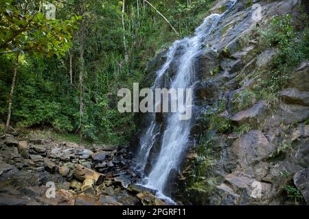 Nahaufnahme des Nakalitkalit Wasserfalls in El Nido, Palawan auf den Philippinen, der über schwarze Felsen fließt, umgeben von Regenwald. Stockfoto