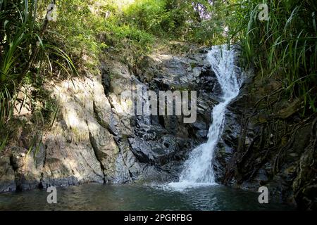 Nahaufnahme des Nakalitkalit-Wasserfalls in El Nido, Palawan auf den Philippinen, der über schwarze Felsen in ein von Regenwald umgebenes Wasserbecken fließt. Stockfoto