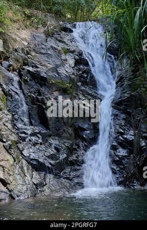 Nahaufnahme des Nakalitkalit-Wasserfalls in El Nido, Palawan auf den Philippinen, der über schwarze Felsen in ein von Regenwald umgebenes Wasserbecken fließt. Stockfoto
