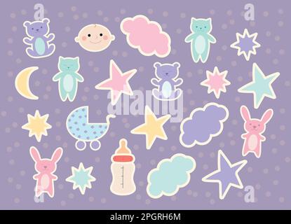Baby-Aufkleber-Pack. Süße Teddybären, Häschen, Katzen, Kinderwagen, Flasche, Wolken und Sternenaufkleber. Vektorkunst Stock Vektor