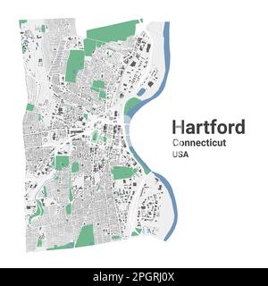 Hartford MAP, Hauptstadt des US-Bundesstaates Connecticut. Stadtplan mit Gebäuden, Flüssen und Straßen, Parks und Eisenbahnen. Ve Stock Vektor