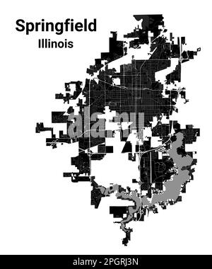 Stadtplan von Springfield, Hauptstadt des US-Bundesstaates Illinois. Kommunale Verwaltungsgrenzen, Schwarzweißkarte mit Flüssen und Straßen, Parks und Stock Vektor