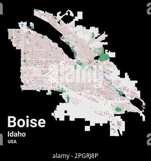 Boise MAP, Hauptstadt des US-Bundesstaates Idaho. Stadtplan mit Gebäuden, Flüssen und Straßen, Parks und Eisenbahnen. Vector illu Stock Vektor