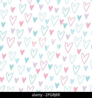 Einfaches, nahtloses Muster mit handgezeichneten Herzen in Pink, Blau und Lila auf weißem Hintergrund. Für Kinderzimmer, Tapete, Textil, Geschenkpapier, Notizbuch Stock Vektor