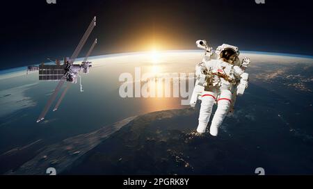 Internationale Raumstation mit Astronauten über dem Planeten Erde. 3D-Rendering. Elemente dieses Bildes, bereitgestellt von der NASA Stockfoto