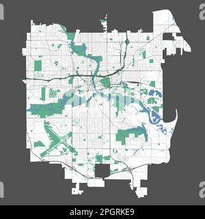Karte des Moines, Hauptstadt des US-Bundesstaates Iowa. Stadtplan mit Flüssen und Straßen, Parks und Eisenbahnen. Vektor-Illustration Stock Vektor