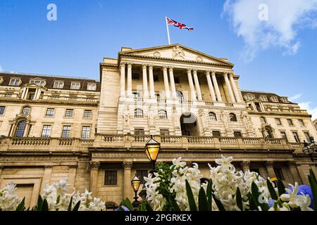 Das Bank of England Gebäude BoE, Threadneedle Street, London, Großbritannien, Fassade mit Frühlingshyazinthen und Stiefmütterchen im Vordergrund Stockfoto