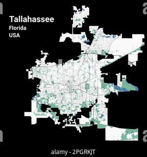 Karte von Tallahassee, Hauptstadt des US-Bundesstaates Florida. Stadtplan mit Flüssen und Straßen, Parks und Eisenbahnen. Vektor illustr Stock Vektor