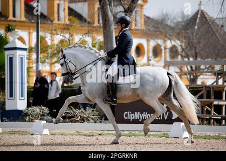 Gustavo Artillo und Banduendo (PRE) bei CDI Jerez in Royal Andalusian School of Equestrian Art, März 25. 2022 Stockfoto