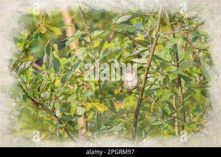 Ein digitales Aquarellgemälde eines einzigen Passerin-Gemäldes, Sylvia communis, auf einem Steg in Großbritannien. Stockfoto