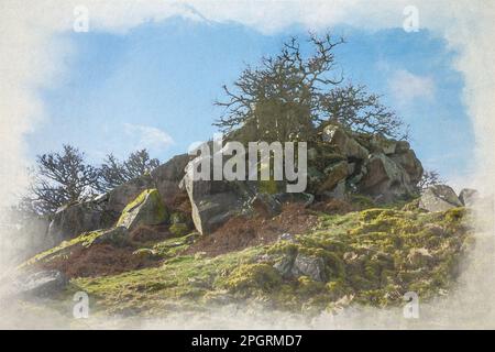 Digitale Aquarellmalerei der Felsformation Robin Hood's Stride Limestone Way in den Derbyshire Dales, Peak District National Park, Großbritannien. Stockfoto