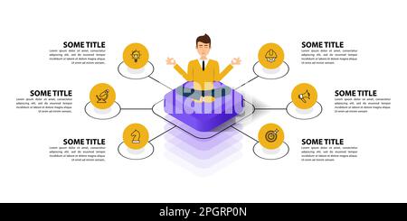 Infografik-Vorlage mit Symbolen und 6 Optionen oder Schritten. Meditierender Mann. Kann für Workflow-Layout, Diagramm, Banner, webdesign verwendet werden. Vector Illustrati Stock Vektor