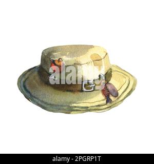 Aquarelle Darstellung des Fischerhutes eines Mannes, mit Dekorationen in Form eines Floßes, Kugeln. Handgezeichnetes Bild isoliert auf weißem Hintergrund. Stockfoto