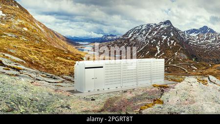 Ein moderner Batteriespeicher in der Natur Stockfoto